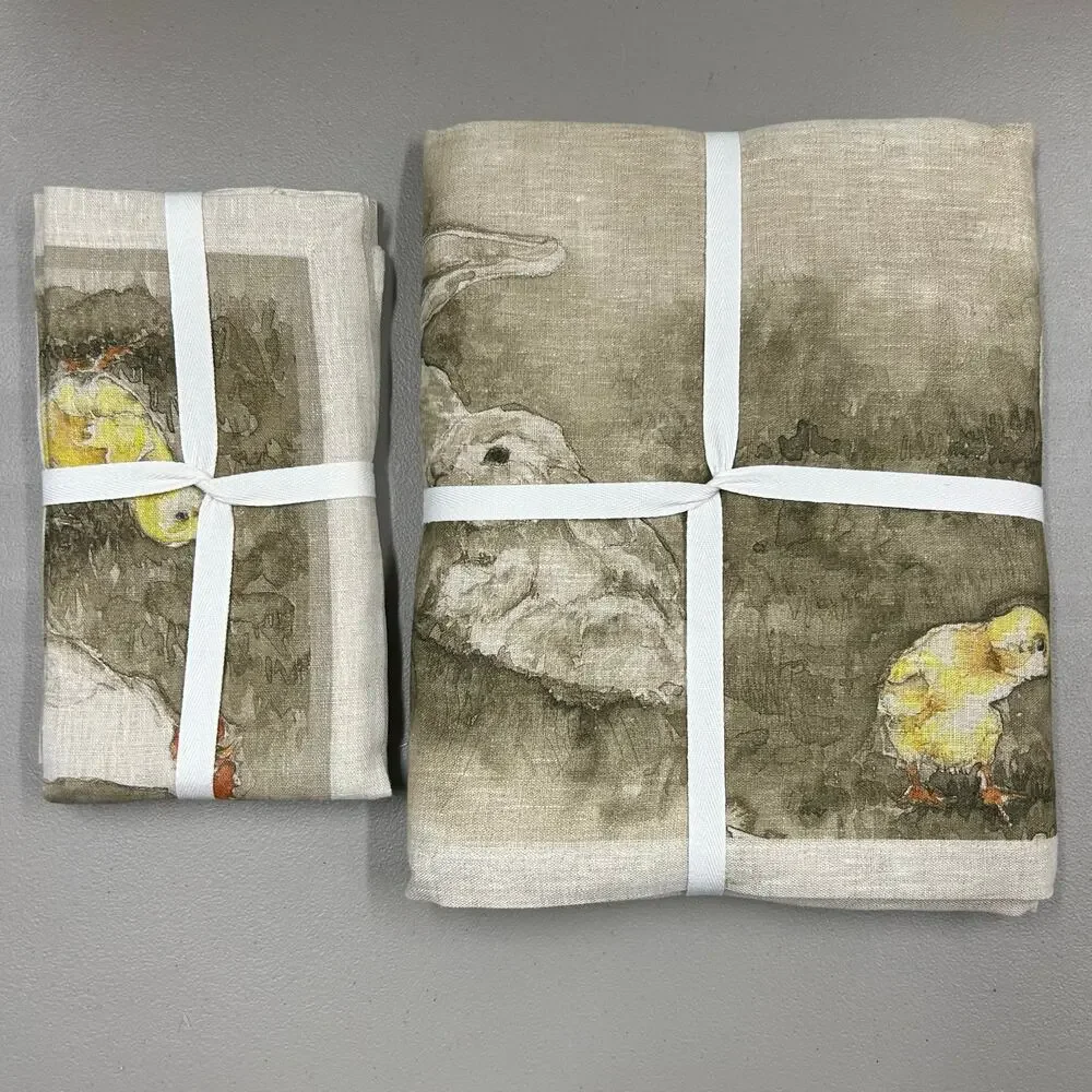 Williams Sonoma Volaille Tablecloth 70 x 108 + 4 Napkins Rabbit 100% Linen NWT